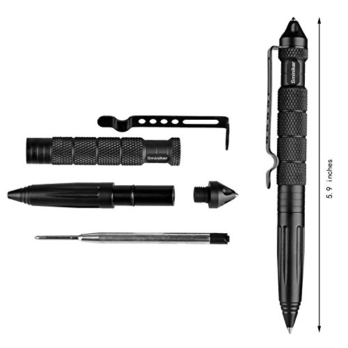 Sminiker Professional Tactical Pen with 6 ink refills Aircraft Aluminum Pen With Glass Breaker Writing Multifunctional Tool (Black)