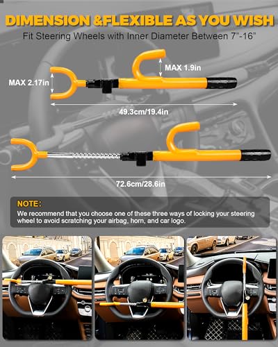 Tevlaphee Steering Wheel Lock Anti-Theft Device Security Car Lock Anti Theft Car Device Visible Car Steering Wheel Lock Antitheft Locking Devices Adjustable Car Wheel Lock for Cars with 3 Keys