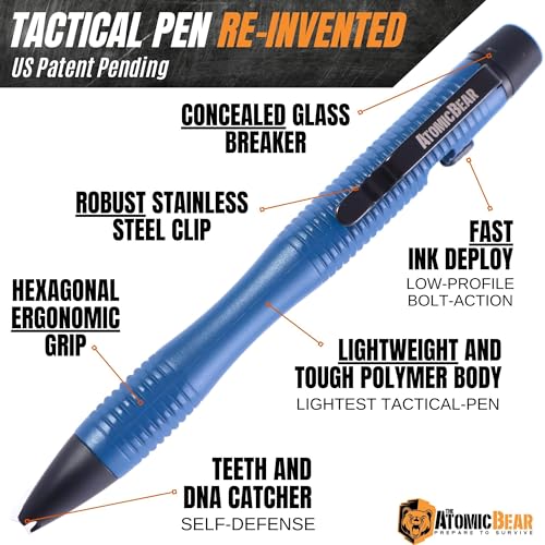 The Atomic Bear Stealth Pen Pro Tactical Pen for Self Defense - Enhanced Writing Survival Pen with Glass Breaker to Escape & Defend - Bonus Training to Protecting Yourself - Great Gift for Men - Navy