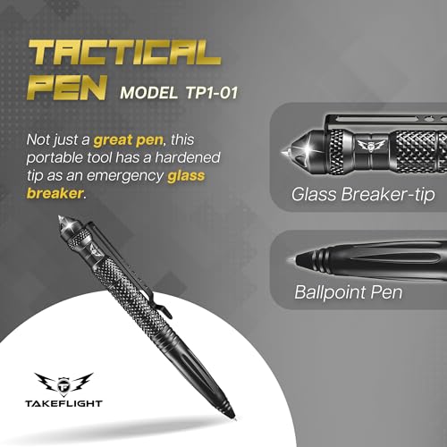 TF TAKEFLIGHT Tactical Pen Multitool – Gifts For Men Dad - Diamond Thread Grip, Strong Rugged Aluminum EDC Survival Gear, Pocket Military Writing Glass Breaker, Pen Collection - Black Card