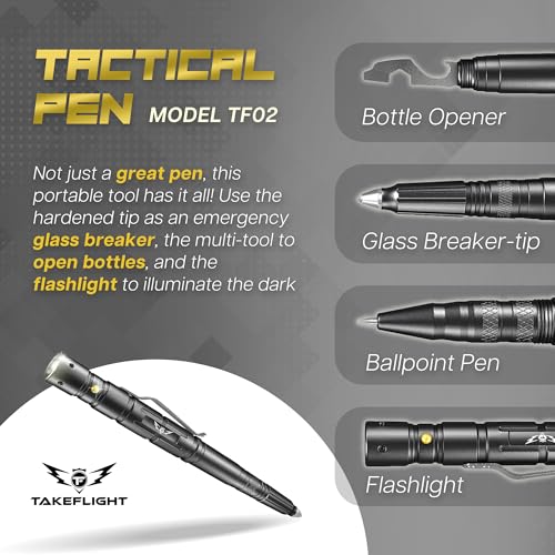 Tactical Pen - Self Defense Pen with Flashlight - Tactical Flashlight Multi Tool Survival Pen + Glass Breaker + Bottle Opener in Gift Box for Men & Women