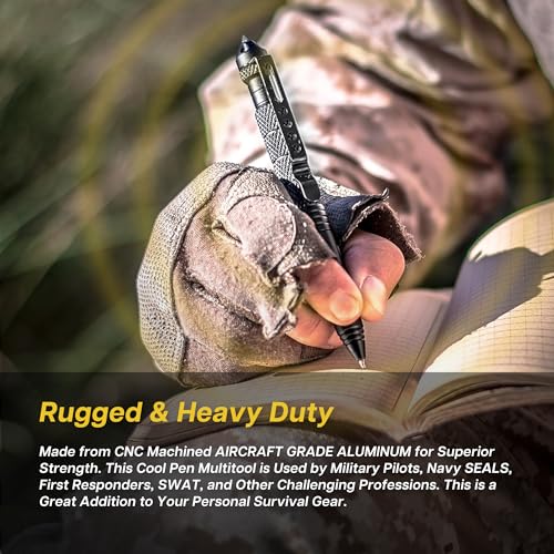 TF TAKEFLIGHT Tactical Pen Multitool – Gifts For Men Dad - Diamond Thread Grip, Strong Rugged Aluminum EDC Survival Gear, Pocket Military Writing Glass Breaker, Pen Collection - Black Card