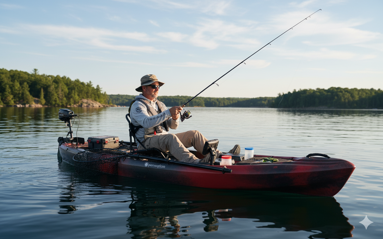 Fisherman on kayak on the lake.