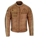 Mens British Motorcycle Black Wax Leather Badges Jacket Biker Tan Green Striped