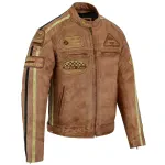 Mens British Motorcycle Black Wax Leather Badges Jacket Biker Tan Green Striped