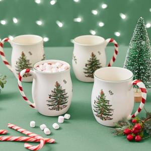 Spode Christmas Tree Mugs with Peppermint Handles Set of 4