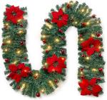 Christmas Stair Garland with Lights, 9FT/2.7M Flower and Baubles for Fireplace Stairs Wall Red