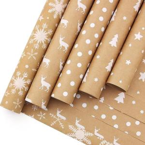 HBell Christmas Paper Rolls,5 Rolls 44cm x 3M Christmas Gift Paper, Brown Kraft Christmas Paper Roll,Snowflake Elk Xmas Tree
