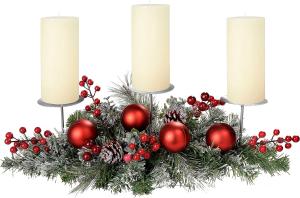 WeRChristmas Frosted Decorated Table Centerpiece 3 Pillar Candle Holder 52cm Christmas Table Decoration 
