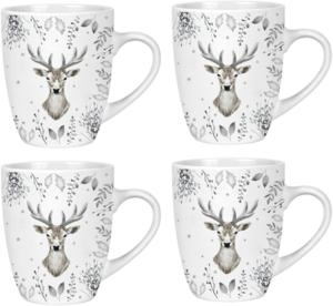 Set of 4 White and Silver Christmas Mugs Stag Deer Foliage Print 350ml Mug Set Coffee Cups Xmas Gift Festive