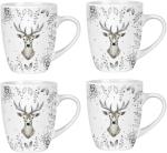 Set of 4 White and Silver Christmas Mugs Stag Deer Foliage Print 350ml Mug Set Coffee Cups Xmas Gift Festive