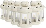 Candle Lantern Hanging Indoor Metal Hollow Vintage Church Candlestick Tealight Holder (White)