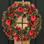 Dibor Beautiful Christmas Wreath with pine cones ,Red berries and Red Christmas Roses 