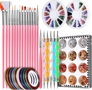 Nail Pen Designer, Teenitor Stamp Nail Art Tool with 15pcs Nail Painting Brushes, Nail Dotting Tool, Nail Foil, Manicure Tape, Color Rhinestones for Nails