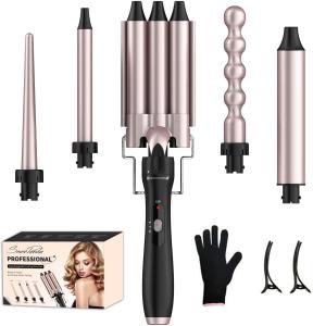 Curling Wand Iron, 5-in-1 Multifunction Curling Tongs Set with Interchangeable Ceramic Coating Barrels, Curling Wand for Long/Short Hair, LCD Display for Different Size Curls and Waves