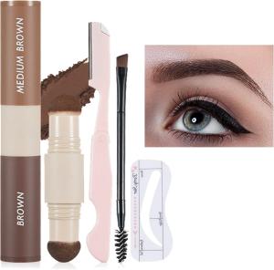 Eyebrow Stamp, Eyebrow Stencil Kit Shaper Kit Brow Cream Stamp Set Waterproof Smudge Proof Multifunction Long Lasting colour For Eyebrow Eyeshadow Face Hairline (Medium Brown & Brown)