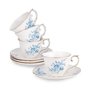 Set of 4 Blue Ceramic Tea Cups and Saucers