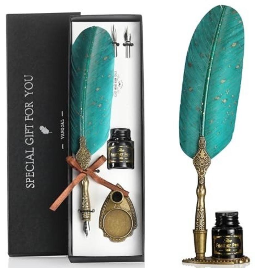 Glittering Quill Pen Set with Ink and Stand 