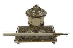 Brass Inkwell Pen Holder with Bone Nib
