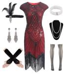1920s Flapper Dress with Accessories Set - Red