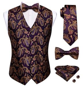 Elegant Purple Gold Mens Suit Vest and Bowtie Set