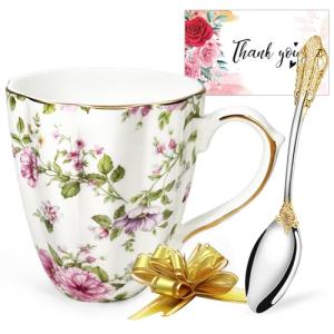 Vintage-Style Floral Bone China Mug Set with Spoon