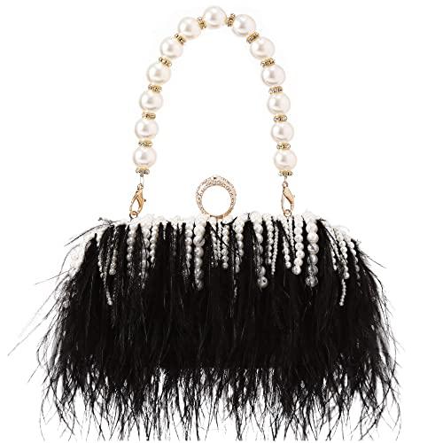 Black Pearl Ostrich Feather Evening Clutch Bag