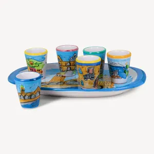 Memoritaly Handmade Painted Tray Venezia and Glasses City Set (6 pcs of glass) 