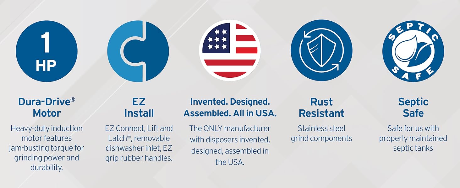 InSinkErator Power 1 HP key benefits - 1 HP motor, EZ Install, rust resistant, septic safe