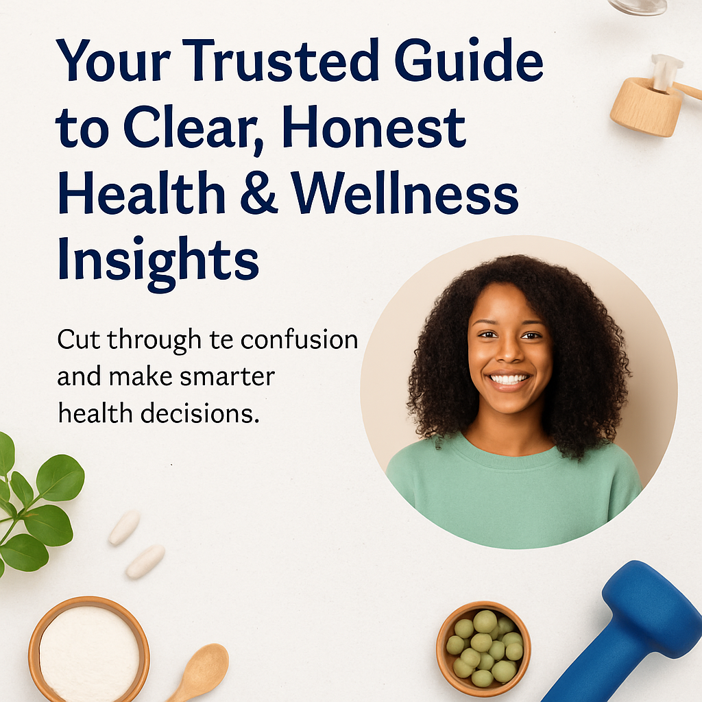 Hero section showing a friendly wellness guide offering clear, honest health and wellness insights, with natural ingredients, fitness items, and a smiling woman symbolizing trustworthy wellness advice.
