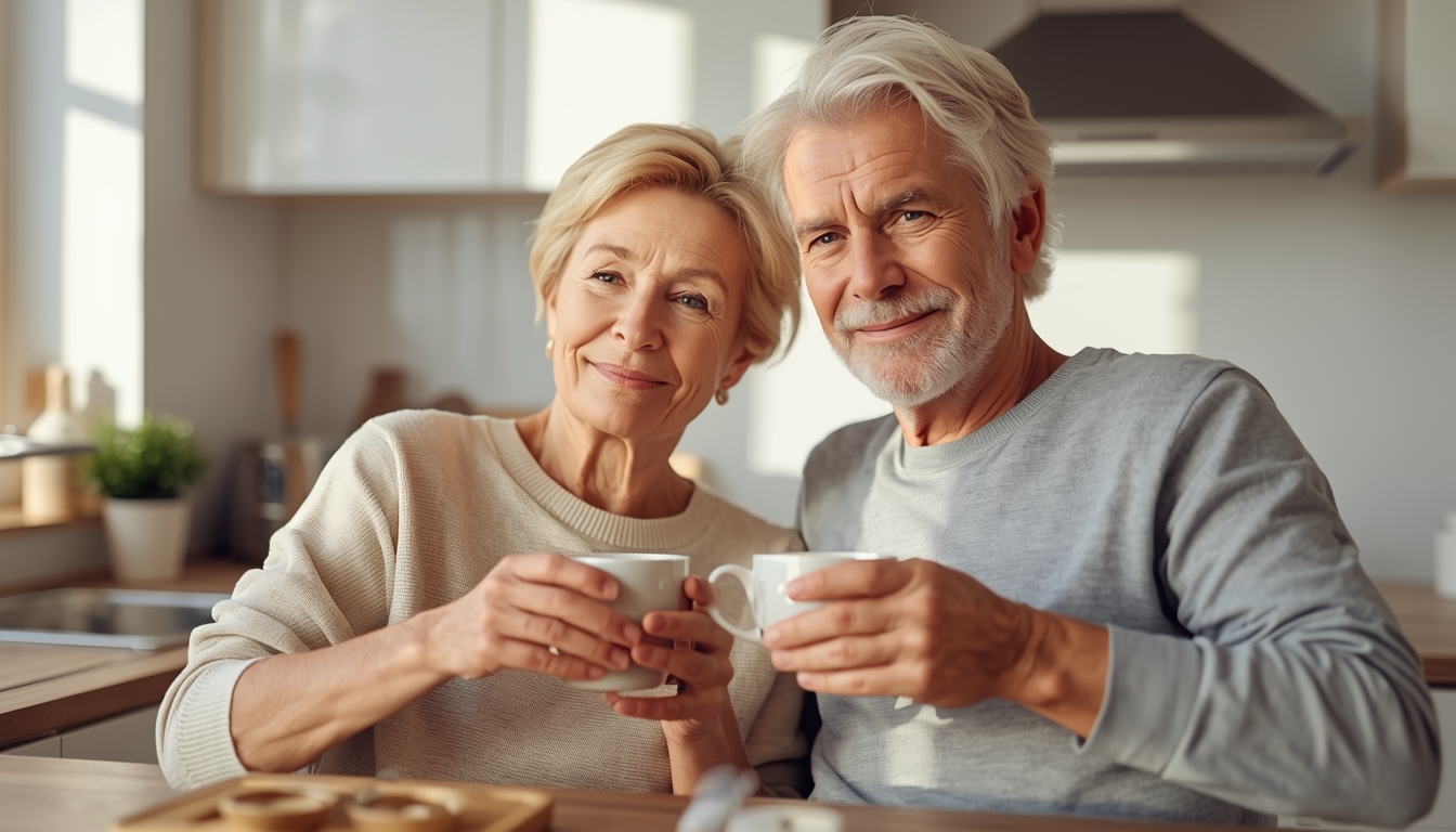 &Auml;lteres Paar trinkt Kaffee in der K&uuml;che, gesunder Lebensstil