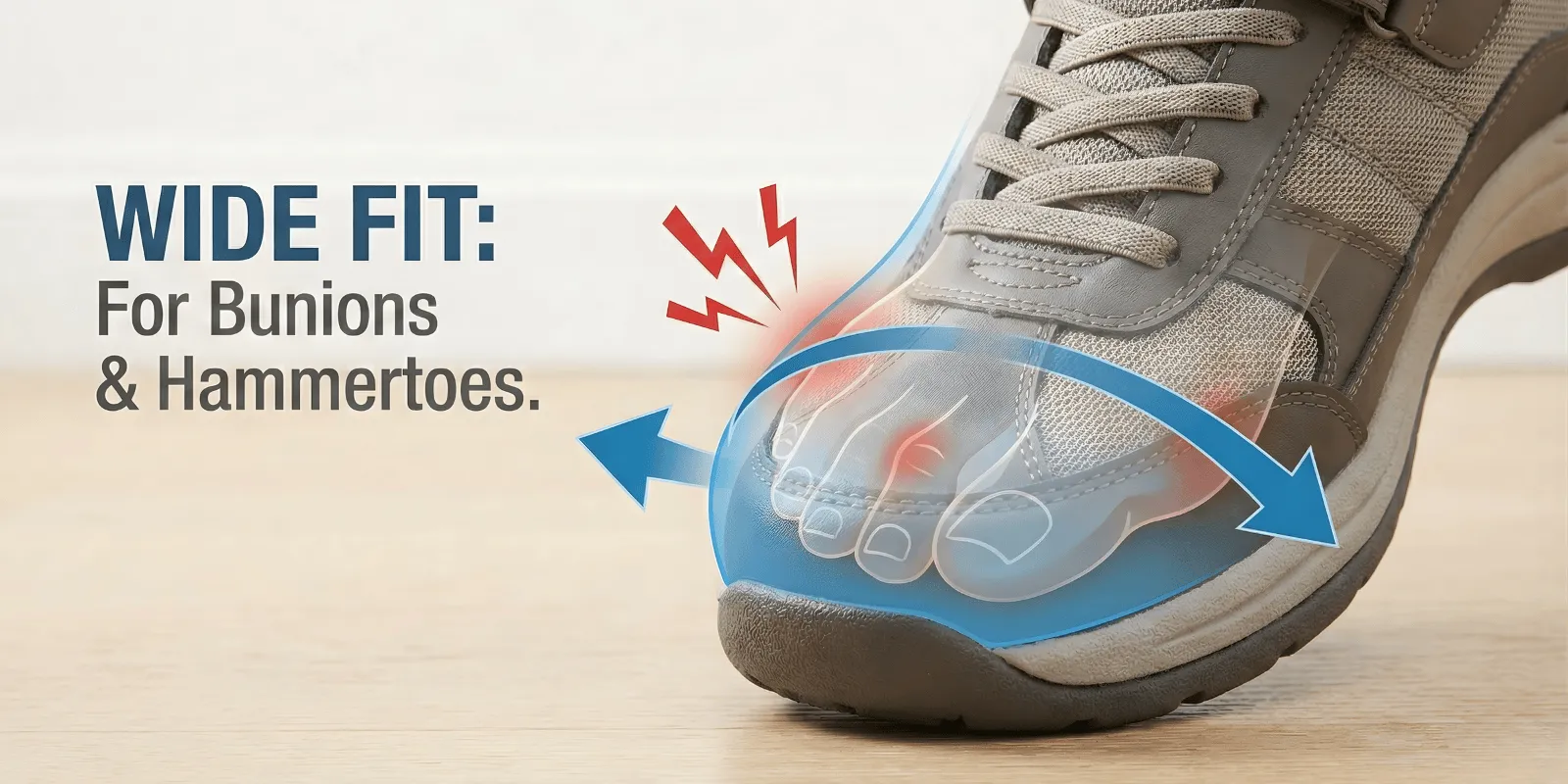 Stepwise Footwear - Close-up of a shoe's wide toe box with graphics illustrating extra space for bunion and hammertoe relief.