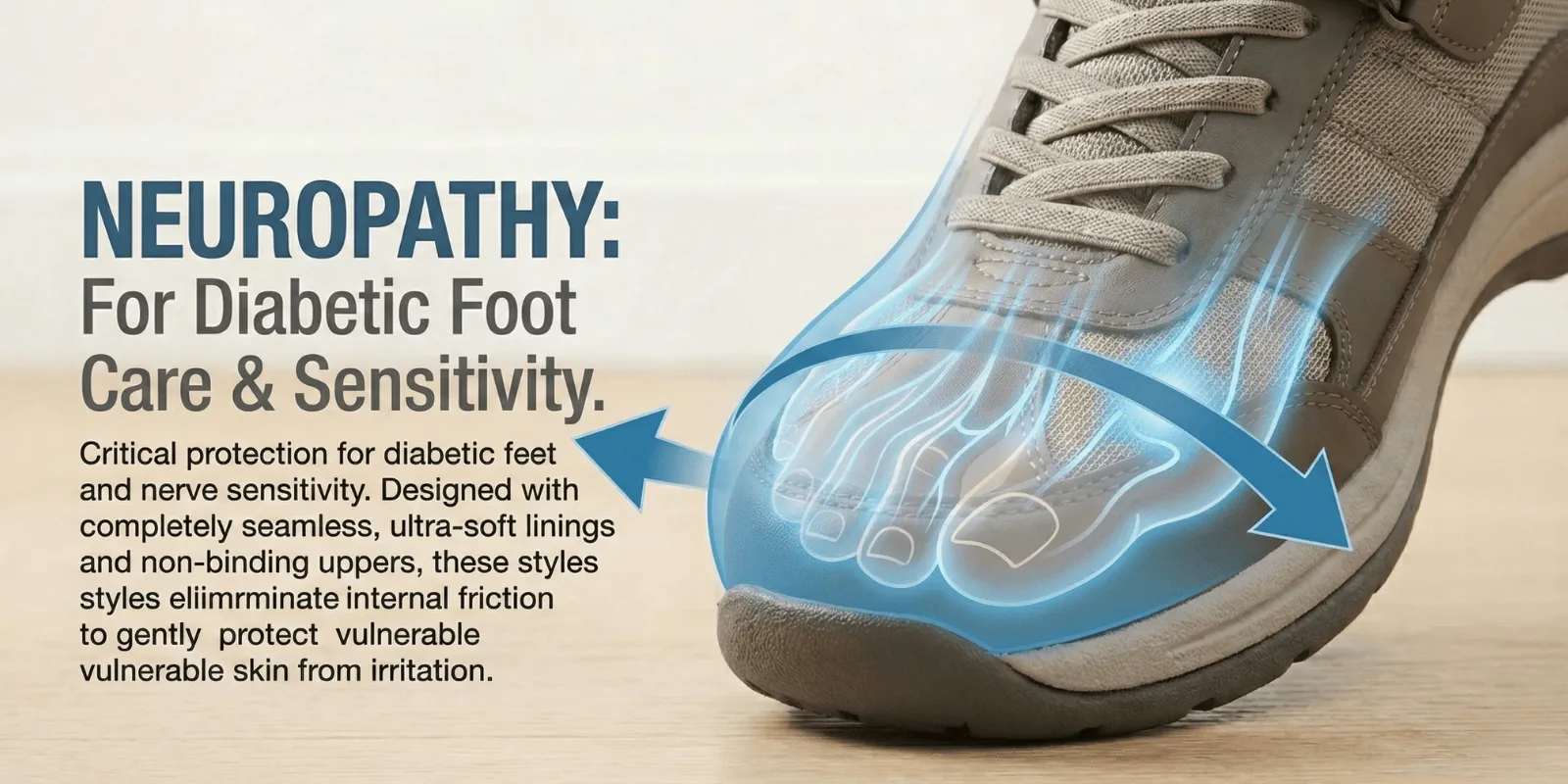 Stepwise Footwear - Infographic illustrating a shoe designed for neuropathy and diabetic foot care, featuring a graphic of a foot inside the wide toe box and text explaining benefits like seamless linings and reduced friction.