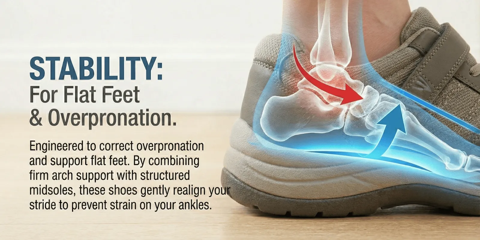 Stepwise Footwear - Graphic showing a stability shoe with foot anatomy, illustrating how it corrects overpronation and supports flat feet.