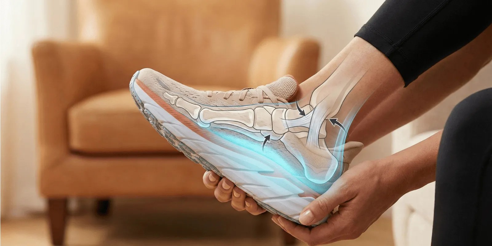 Stepwise Footwear - Supportive orthopedic shoe with anatomical arch and heel relief diagram.