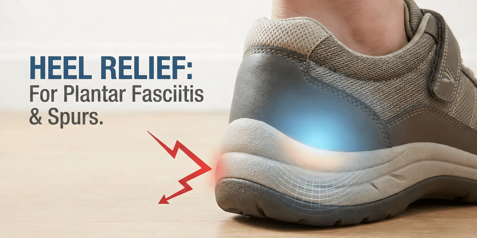 Stepwise Footwear - Close-up of a supportive shoe heel with graphics illustrating cushioning and pain relief for plantar fasciitis and spurs.